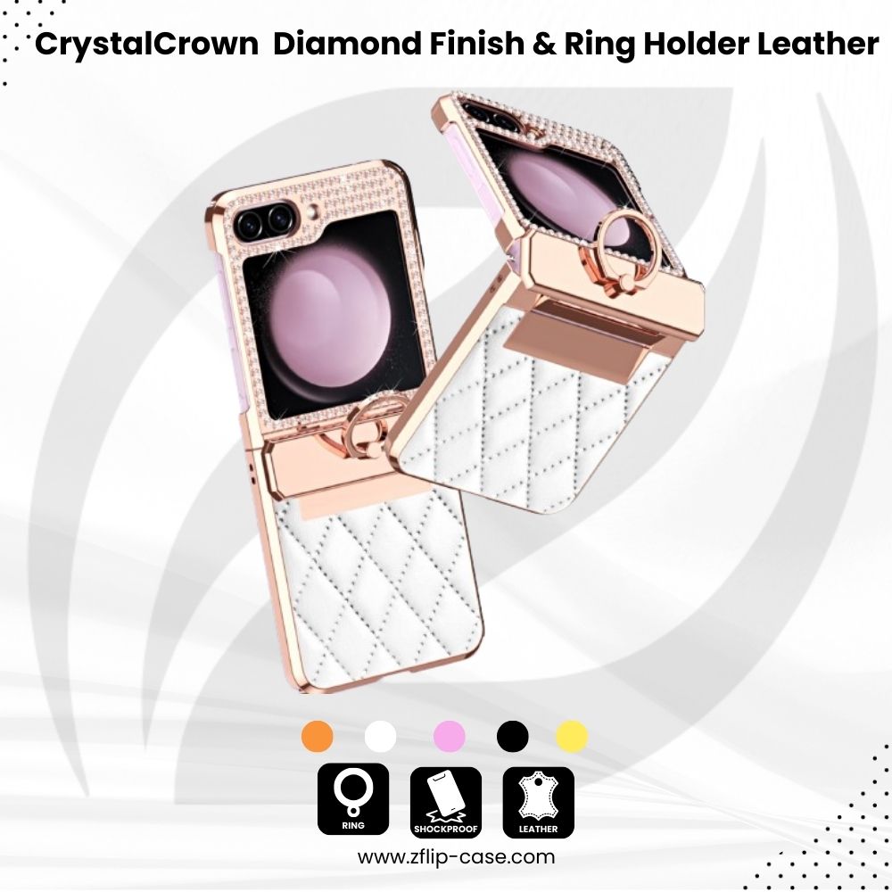 CrystalCrown  Z Flip 7, 6, 5, 4, 3 Diamond Finish & Ring Holder Leather