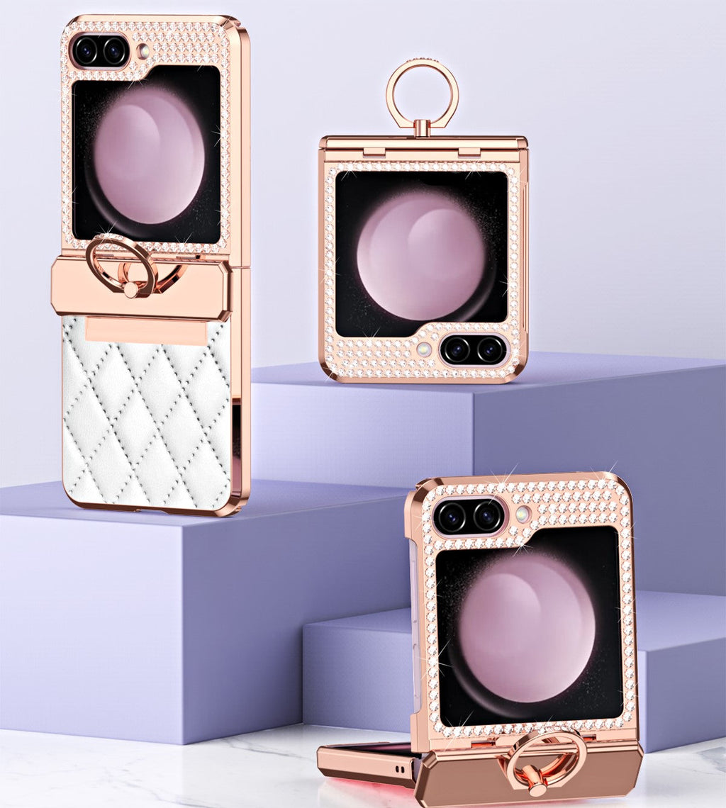 CrystalCrown  Z Flip 7, 6, 5, 4, 3 Diamond Finish & Ring Holder Leather