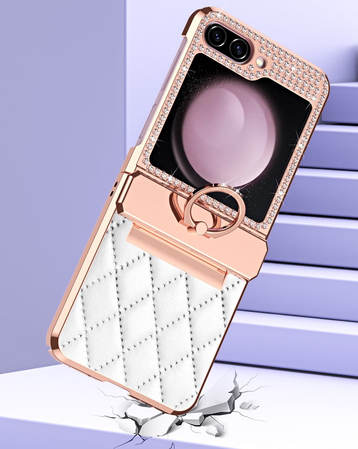 CrystalCrown  Z Flip 7, 6, 5, 4, 3 Diamond Finish & Ring Holder Leather