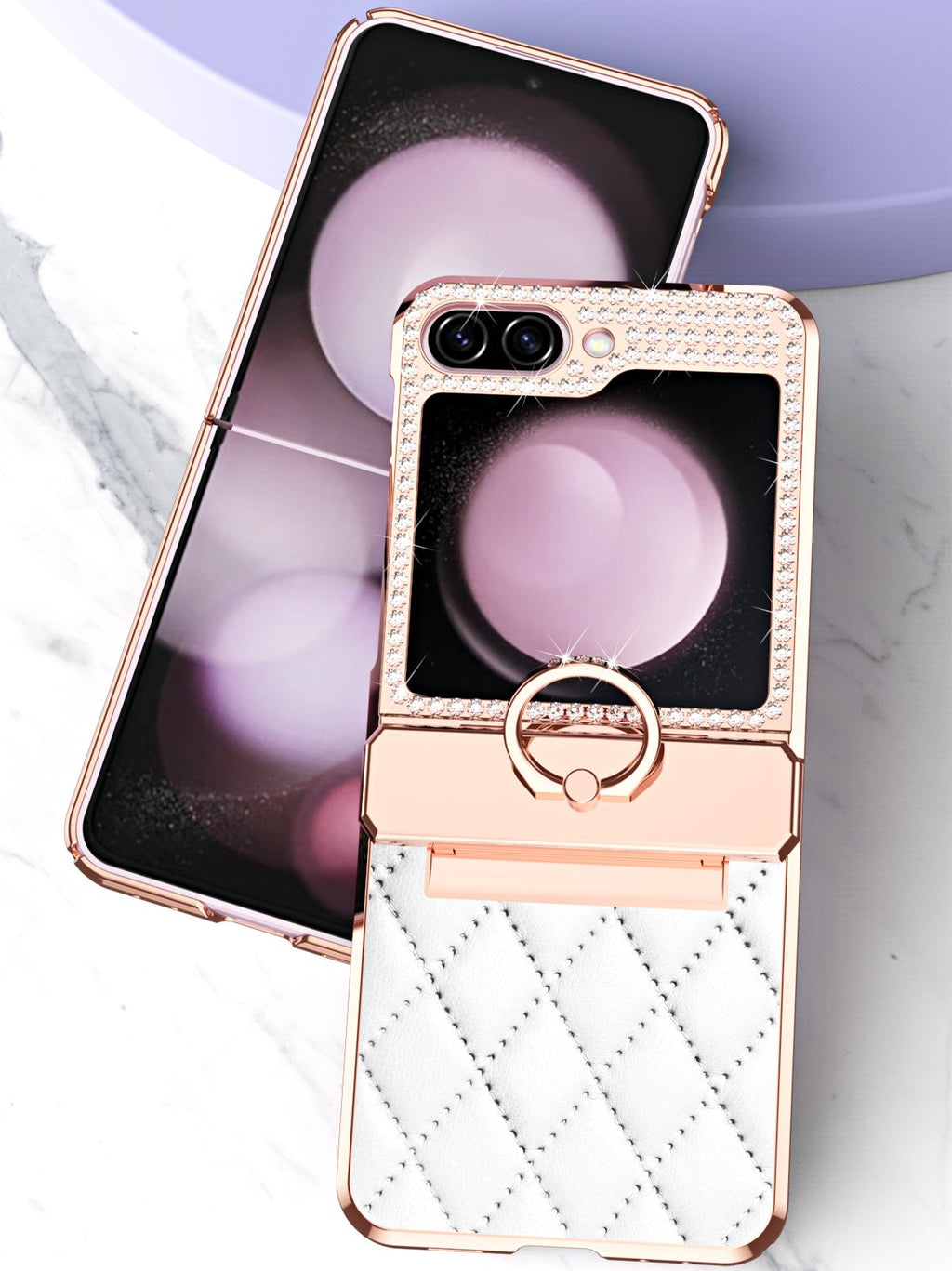 CrystalCrown  Z Flip 7, 6, 5, 4, 3 Diamond Finish & Ring Holder Leather