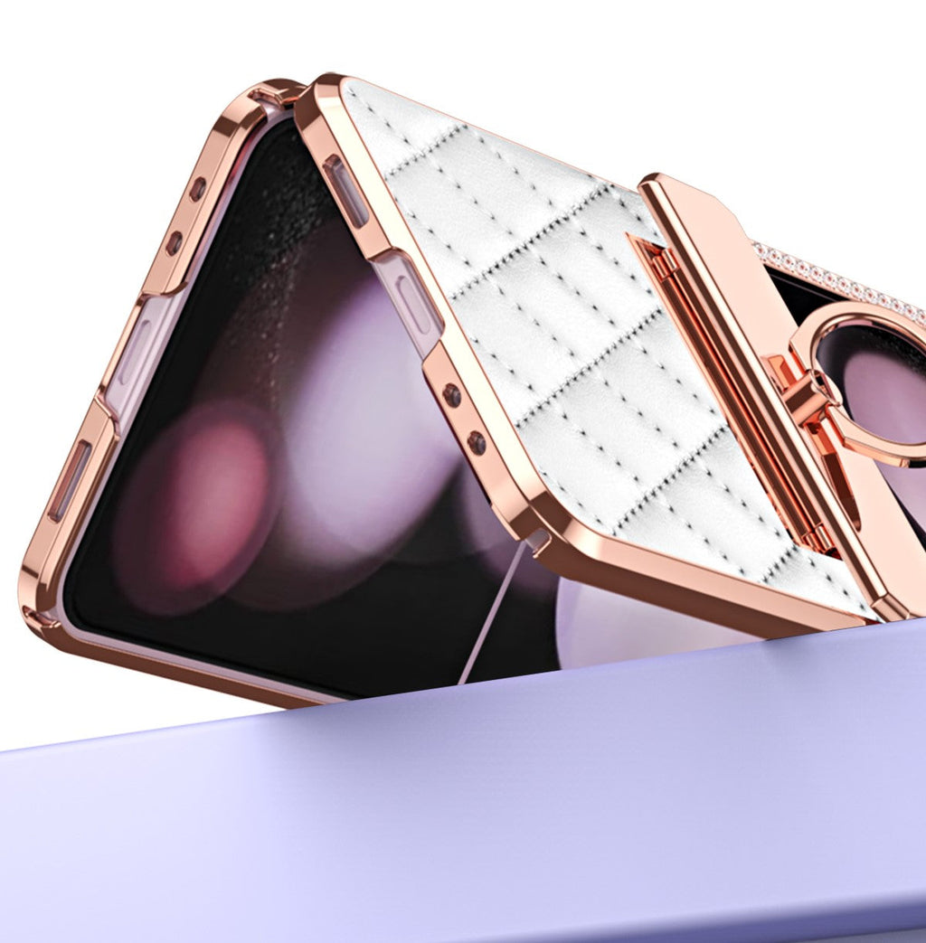 CrystalCrown  Z Flip 7, 6, 5, 4, 3 Diamond Finish & Ring Holder Leather