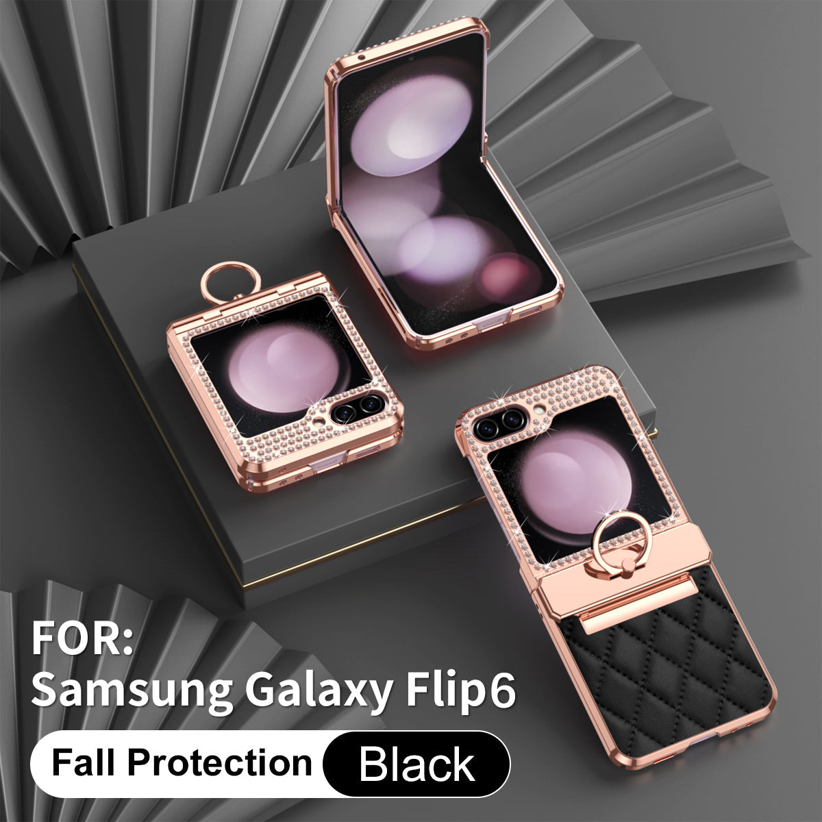 CrystalCrown  Z Flip 7, 6, 5, 4, 3 Diamond Finish & Ring Holder Leather