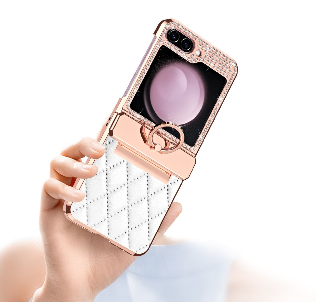 CrystalCrown  Z Flip 7, 6, 5, 4, 3 Diamond Finish & Ring Holder Leather