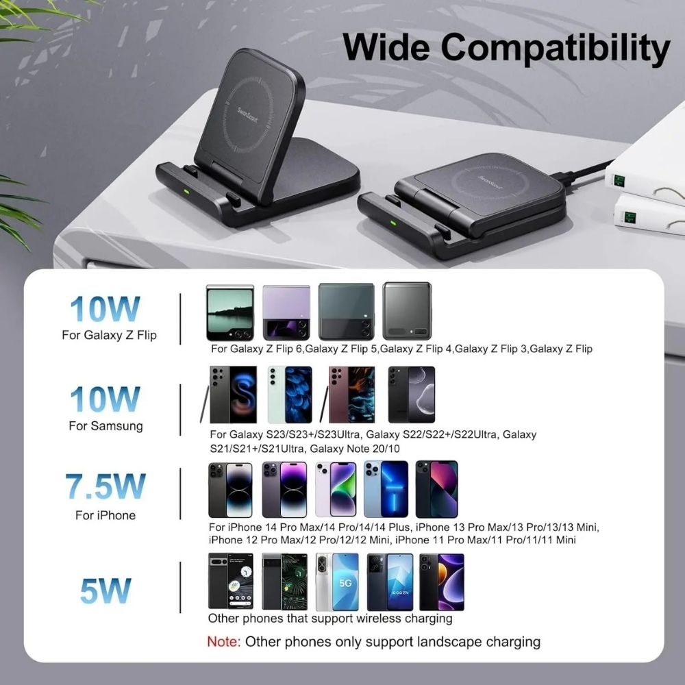 SwiftCharge Wireless Stand for Z Flip 7, 6, 5, 4 & More - Foldable Fast Charging
